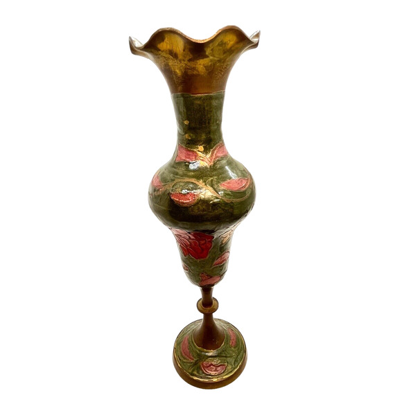 Brass Enamel Vase Footed Fluted Top Green Pink Cream Vintage MCM Retro Decor